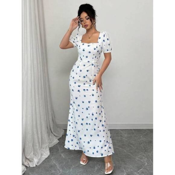 New Women Sweetheart Collar Short Sleeve All-Over Print Casual Long Dress - Picture 6 of 6